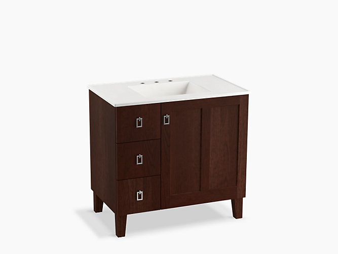 poplin® 36" bathroom vanity cabinet with legs, 1 door and 3 drawers on left